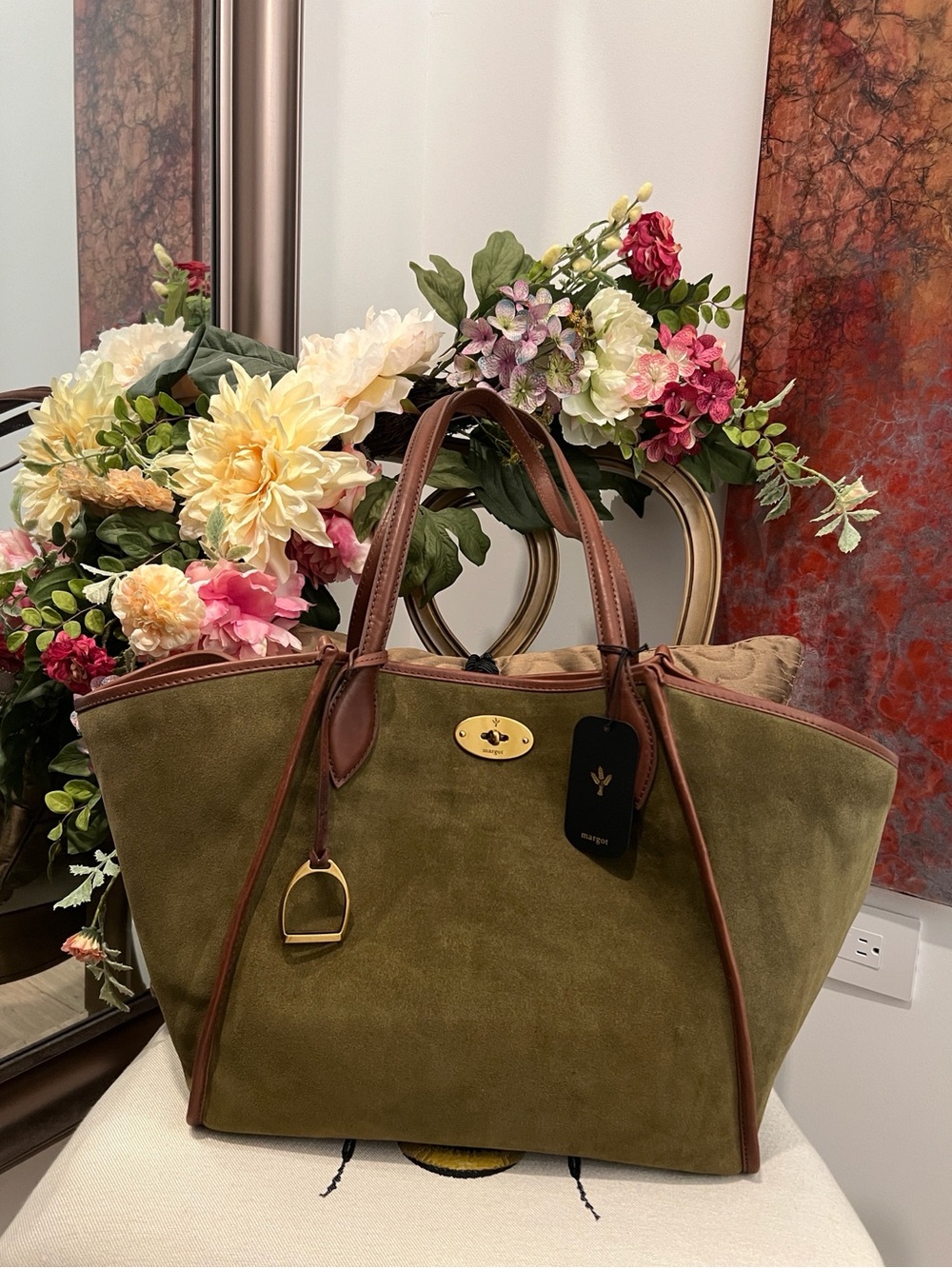 Margot Olive Suede & Leather Trim Viral Tote Purse Phoebe Two Styles in One NWT